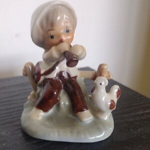 Vintage Charming Porcelain Figurine with Boy and Rooster Chicken